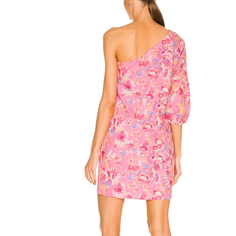 Something Navy Pink Floral Mini Dress MEDIUM One Shoulder Linen Shift Party $165 - Picture 3 of 11